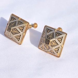 Antique Damascene pyramid Gold Screw-back Earrings